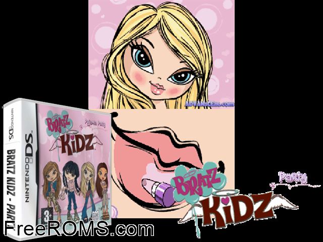 Bratz Kidz - Party Europe NDS game showing 3D box cover and gameplay screenshot