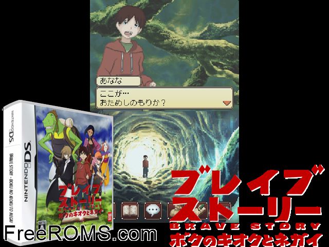 Brave Story - Boku no Kioku to Negai Japan NDS game showing 3D box cover and gameplay screenshot
