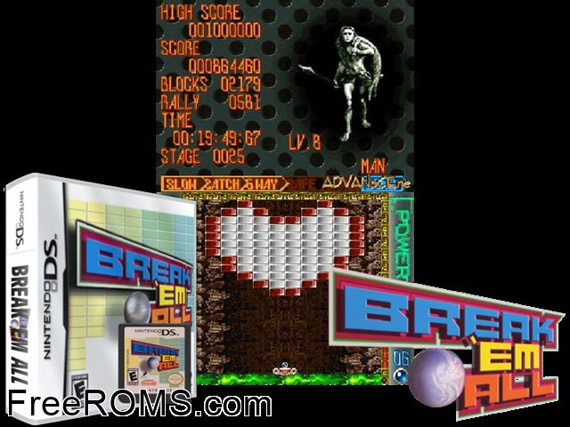 Break Em All NDS game showing 3D box cover and gameplay screenshot