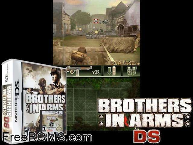 Brothers in Arms DS NDS game showing 3D box cover and gameplay screenshot
