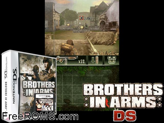 Brothers in Arms DS Europe NDS game showing 3D box cover and gameplay screenshot