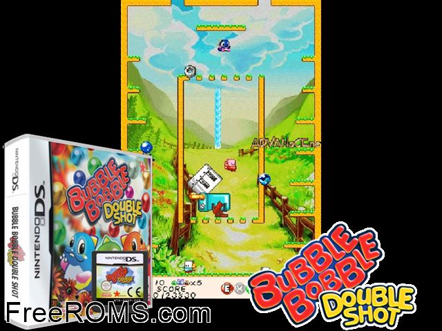 Bubble Bobble Double Shot Europe NDS game showing 3D box cover and gameplay screenshot