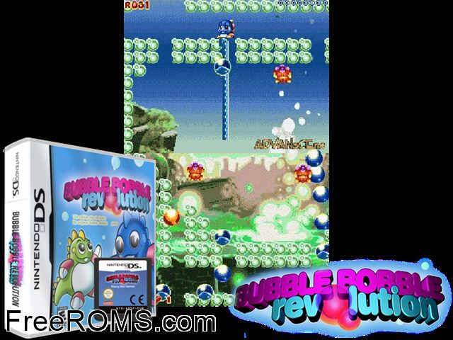 Bubble Bobble Revolution NDS game showing 3D box cover and gameplay screenshot