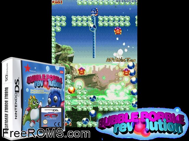 Bubble Bobble Revolution Europe NDS game showing 3D box cover and gameplay screenshot