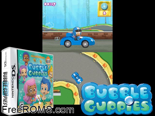 Bubble Guppies Europe NDS game showing 3D box cover and gameplay screenshot