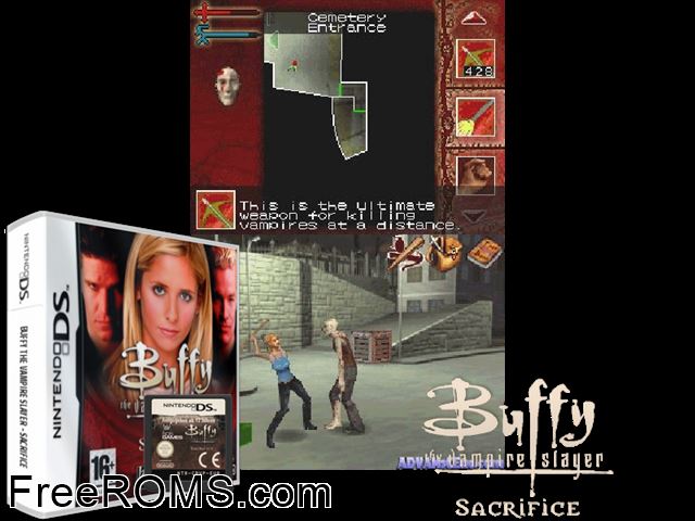 Buffy the Vampire Slayer - Sacrifice Europe NDS game showing 3D box cover and gameplay screenshot