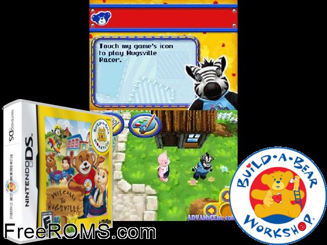 Build-A-Bear Workshop - Welcome to Hugsville Europe NDS game showing 3D box cover and gameplay screenshot