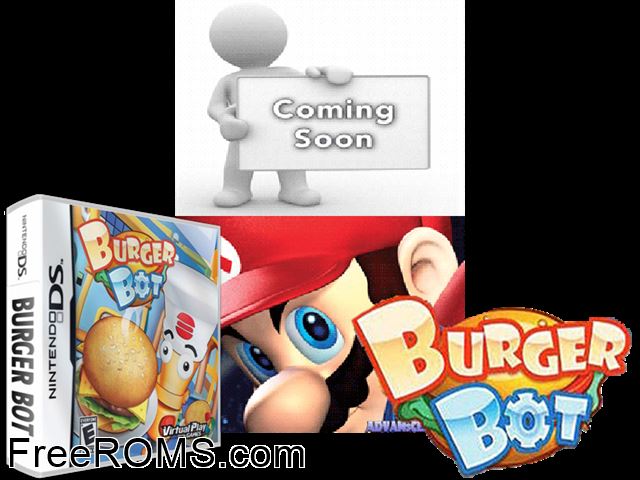 Burger Bot NDS game showing 3D box cover and gameplay screenshot