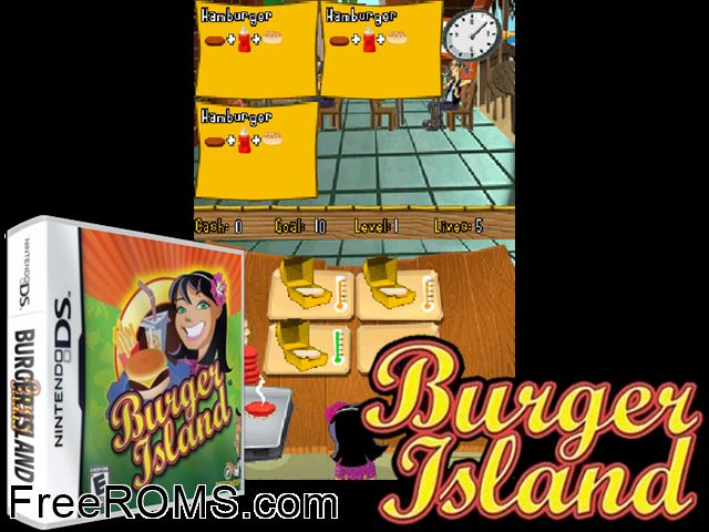 Burger Island NDS game showing 3D box cover and gameplay screenshot