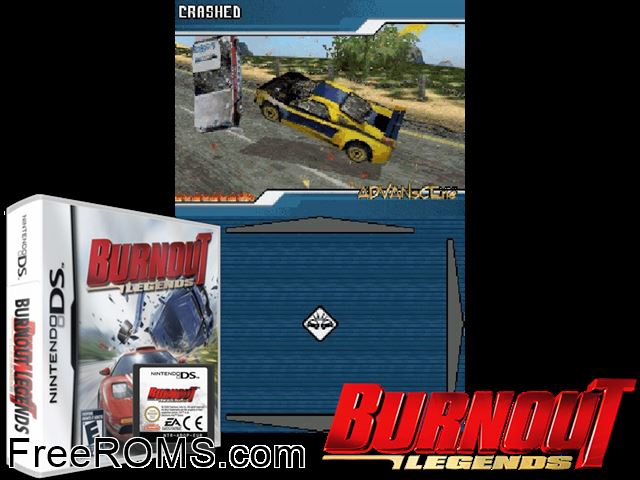 Burnout Legends NDS game showing 3D box cover and gameplay screenshot