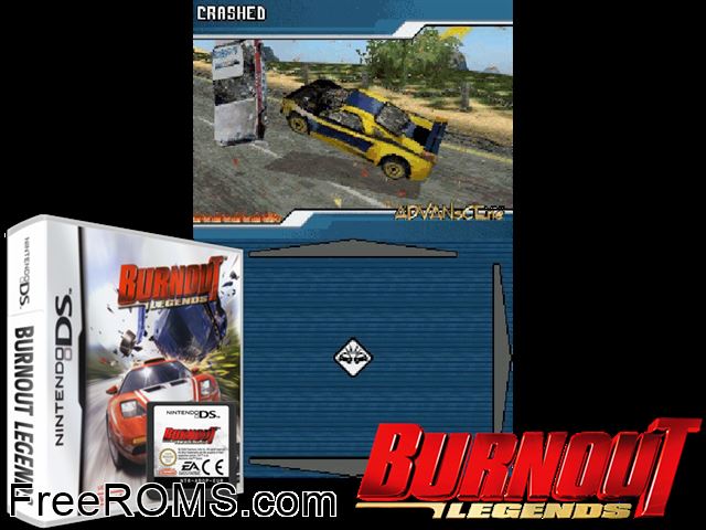 Burnout Legends Europe NDS game showing 3D box cover and gameplay screenshot
