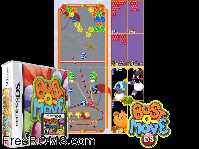 Bust-a-Move DS NDS game showing 3D box cover and gameplay screenshot