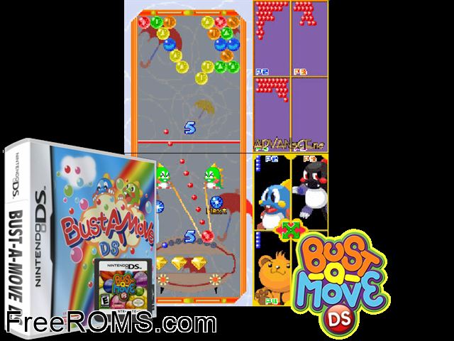 Bust-A-Move DS Europe NDS game showing 3D box cover and gameplay screenshot