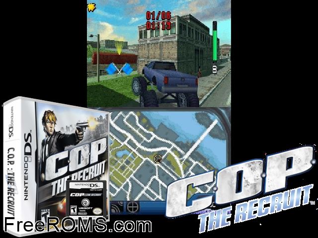 C.O.P. - The Recruit NDS game showing 3D box cover and gameplay screenshot