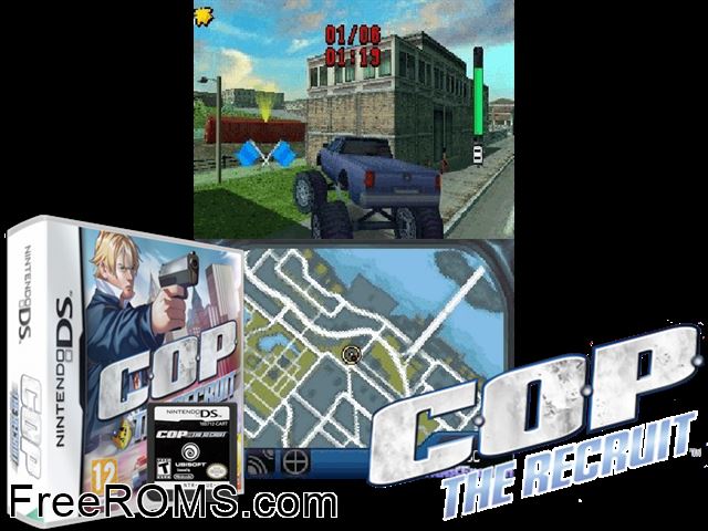 C.O.P. - The Recruit Europe NDS game showing 3D box cover and gameplay screenshot
