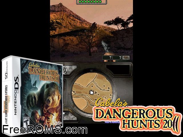 Cabelas Dangerous Hunts 2011 NDS game showing 3D box cover and gameplay screenshot