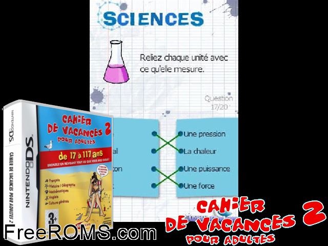 Cahier de Vacances pour Adultes 2 France NDS game showing 3D box cover and gameplay screenshot