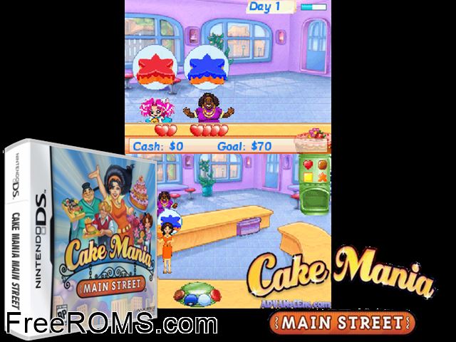 Cake Mania - Main Street NDS game showing 3D box cover and gameplay screenshot