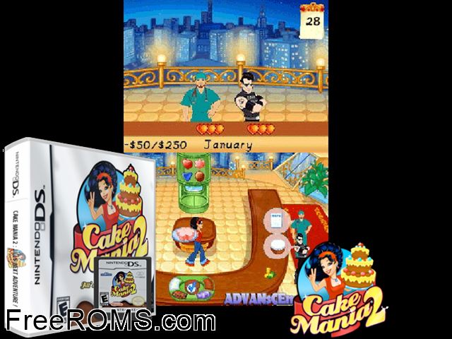 Cake Mania 2 - Jills Next Adventure! NDS game showing 3D box cover and gameplay screenshot