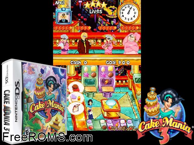 Cake Mania 3 NDS game showing 3D box cover and gameplay screenshot