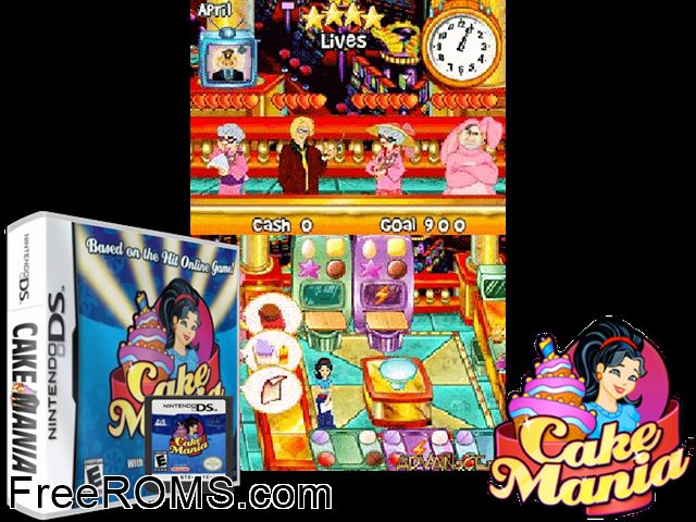 Cake Mania Europe NDS game showing 3D box cover and gameplay screenshot