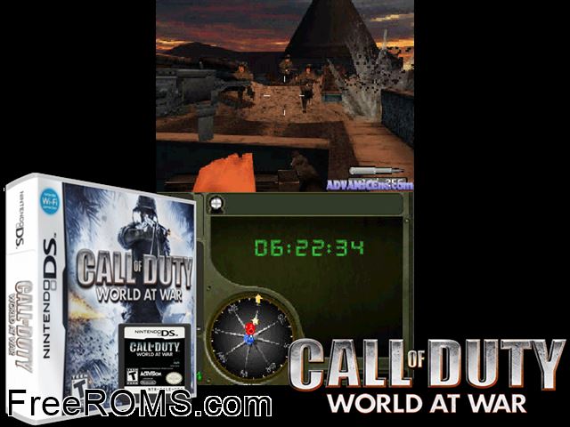 Call of Duty - World at War Europe NDS game showing 3D box cover and gameplay screenshot
