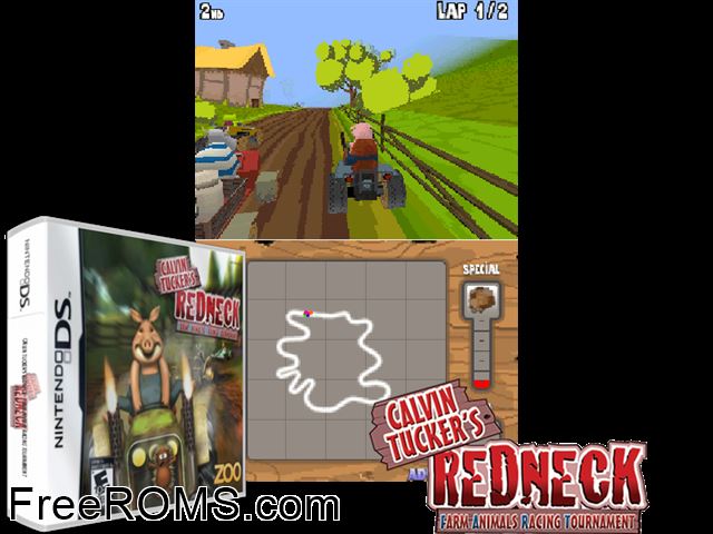 Calvin Tuckers Redneck - Farm Animal Racing Tournament NDS game showing 3D box cover and gameplay screenshot