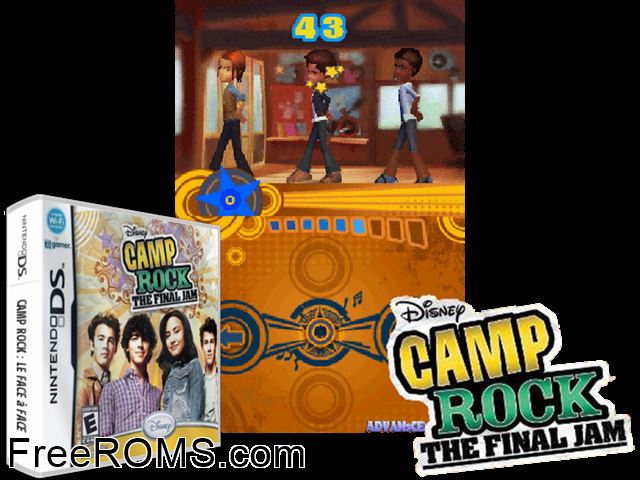 Camp Rock - The Final Jam NDS game showing 3D box cover and gameplay screenshot