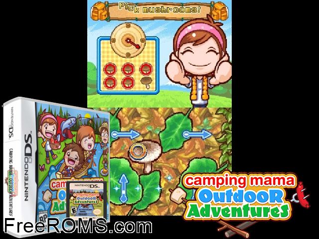 Camping Mama - Outdoor Adventures NDS game showing 3D box cover and gameplay screenshot