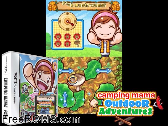 Camping Mama Plus Papa Japan NDS game showing 3D box cover and gameplay screenshot