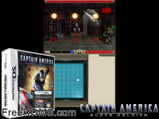 Captain America - Super Soldier Europe NDS game showing 3D box cover and gameplay screenshot