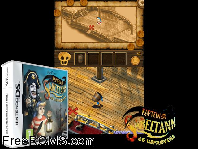 Captain Sabertooth and the Trials by Fire Europe NDS game showing 3D box cover and gameplay screenshot
