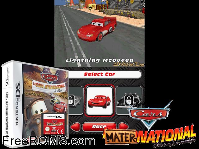 Cars - La Copa Internacional de Mate NDS game showing 3D box cover and gameplay screenshot