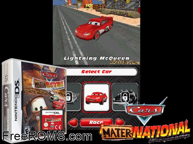 Cars - La Coppa Internazionale di Carl Attreggi Italy NDS game showing 3D box cover and gameplay screenshot