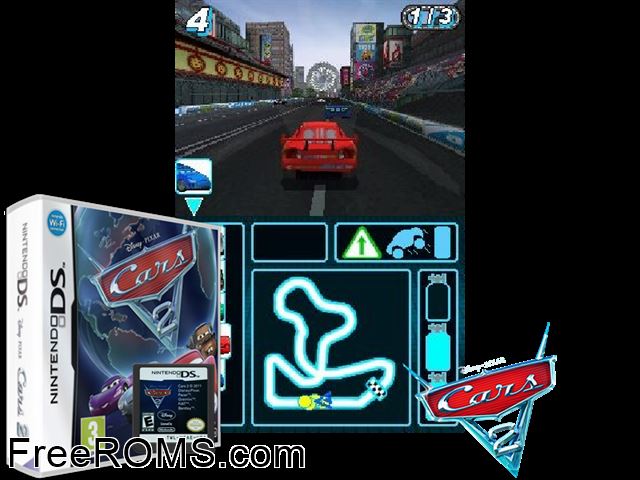 Cars 2 Europe NDS game showing 3D box cover and gameplay screenshot