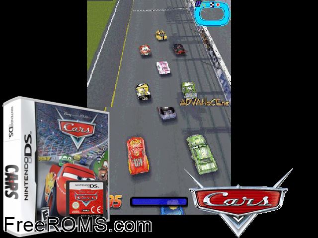 Cars Europe NDS game showing 3D box cover and gameplay screenshot