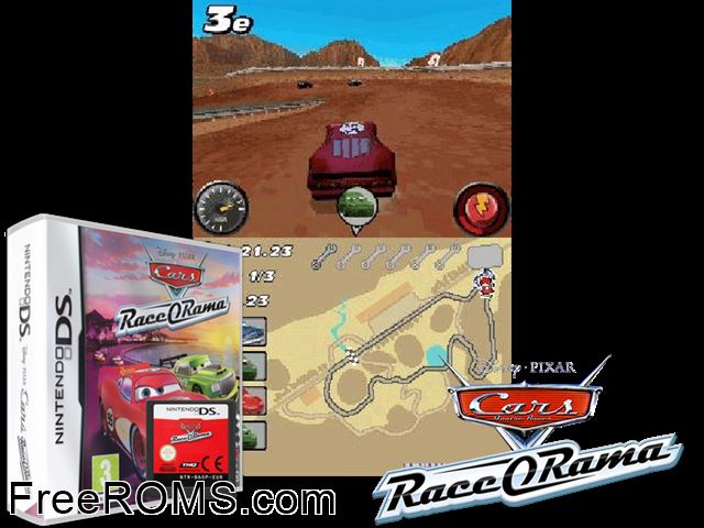 Cars Race-O-Rama Europe NDS game showing 3D box cover and gameplay screenshot