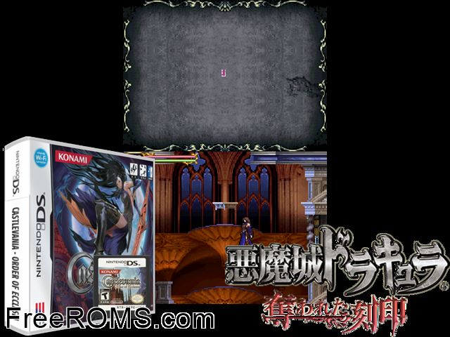 Castlevania - Order of Ecclesia NDS game showing 3D box cover and gameplay screenshot
