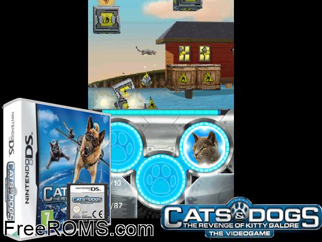 Cat and Dogs - Revenge of Kitty Galore Europe NDS game showing 3D box cover and gameplay screenshot