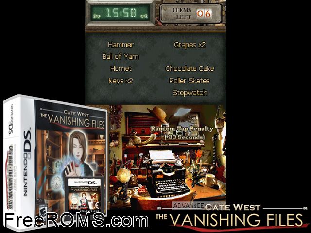 Cate West - The Vanishing Files NDS game showing 3D box cover and gameplay screenshot