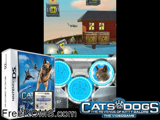 Cats and Dogs The Revenge of Kitty Galore NDS game showing 3D box cover and gameplay screenshot