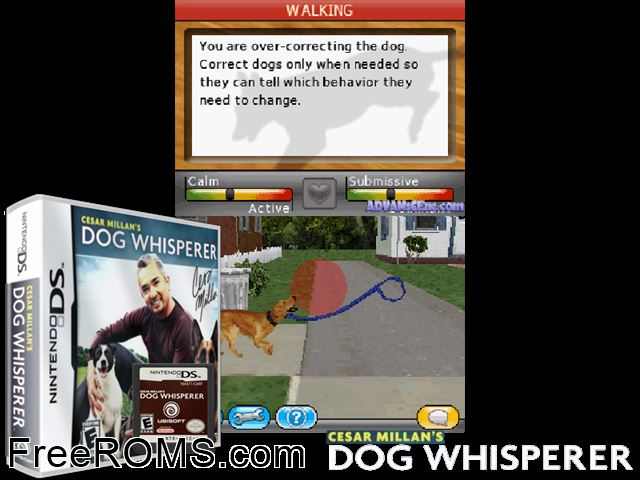 Cesar Millans Dog Whisperer NDS game showing 3D box cover and gameplay screenshot