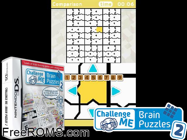 Challenge Me - Brain Puzzles 2 Europe NDS game showing 3D box cover and gameplay screenshot