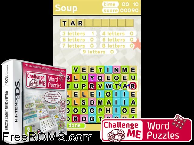 Challenge Me - Word Puzzles Europe NDS game showing 3D box cover and gameplay screenshot