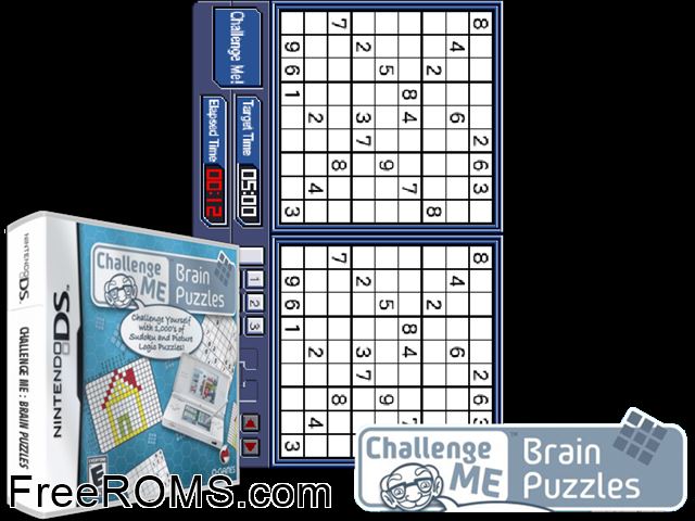 Challenge Me Brain Puzzles NDS game showing 3D box cover and gameplay screenshot