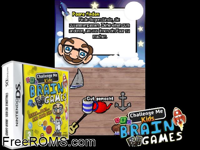 Challenge Me Kids Brain Games Europe NDS game showing 3D box cover and gameplay screenshot