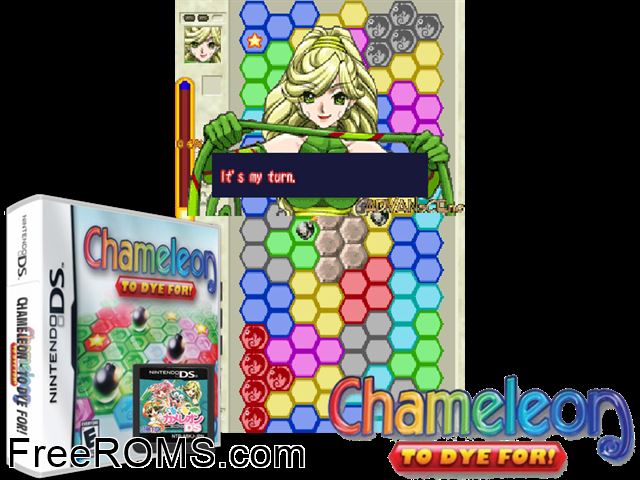 Chameleon - To Dye For NDS game showing 3D box cover and gameplay screenshot