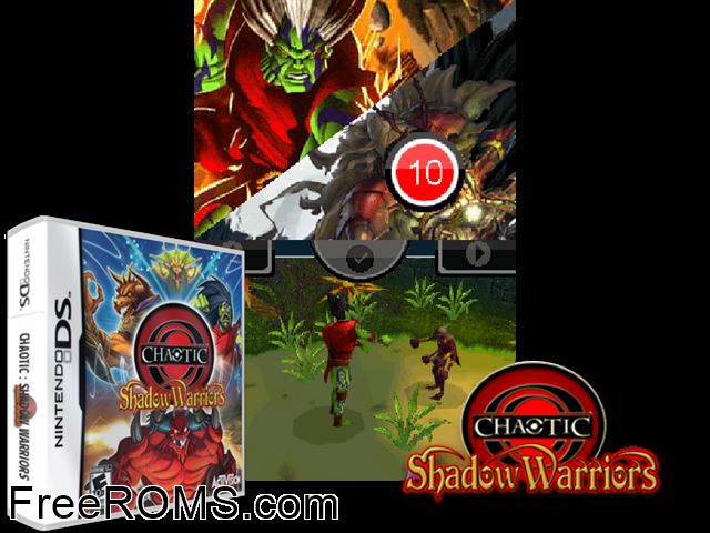 Chaotic - Shadow Warriors NDS game showing 3D box cover and gameplay screenshot