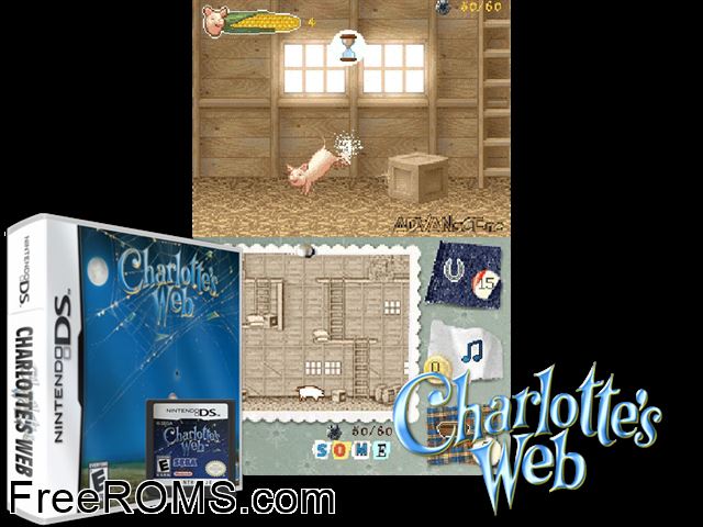 Charlottes Web Europe NDS game showing 3D box cover and gameplay screenshot