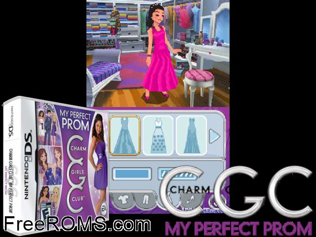 Charm Girls Club - My Perfect Prom Europe NDS game showing 3D box cover and gameplay screenshot